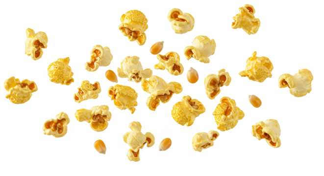 Visually engaging image of popcorn floating, isolated on a white transparent background. Ideal PNG for snack ads, movie posters, and culinary designs.