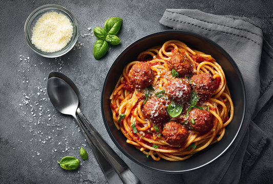 Overhead view of spaghetti and meatballs in tomato sauce served in a black bowl garnished with basil and parmesan cheese with a side of parmesan cheese