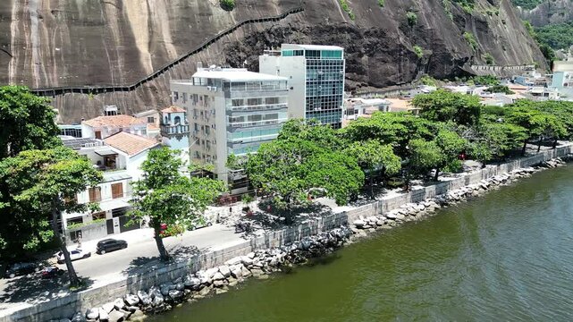 Beach Buildings In Urca Rio De Janeiro Brazil. Aerial View Of Rooftop Skyscraper In Landmark Downtown. Business Sky Downtown Cityscape. Business Downtown Up Above. Urca Rio de Janeiro.