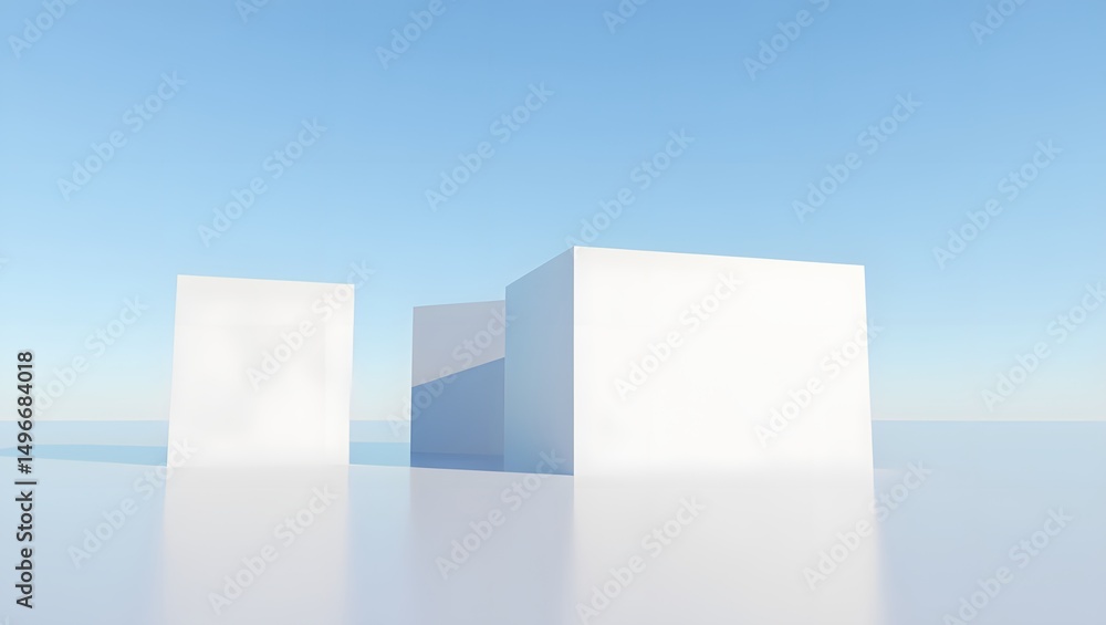 Poster minimalist design featuring three pristine cubes, set against a soft blue sky, casting gentle shadow
