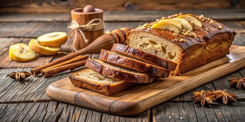A rustic wooden board displays a few slices of freshly baked banana bread, with a drizzle of honey and a sprinkle of cinnamon adding to the natural ambiance , honey drizzle, cinnamon sprinkles
