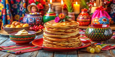 Obraz premium Fluffy pancakes stacked on a colorful plate with festive Maslenitsa decorations and Russian folk costumes, surrounded by candles and flowers, maslenitsa, pancakes