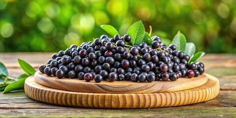 Deep purple chokeberry berries, densely packed and arranged in a circular pattern on a rustic wooden cutting board, with a blurred green background , gourmet food, fruit arrangement