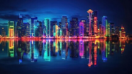 Dazzling Urban Symphony: Nightscape of Modern Skyline Reflecting in Tranquil Waters