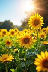 Fototapeta premium Vibrant sunflowers and wildflowers basking in the golden sunlight of a summer meadow A breathtaking display of nature's beauty, perfect for nature, summer, and floral themes , peaceful, leaf