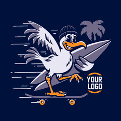 Illustration of a seagull surfing