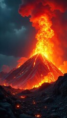 A fiery inferno erupts, tongues of flame reaching towards the sky, a dramatic display of nature's raw power  Perfect for concepts of destruction, energy, power, or the apocalypse ,  firestorm,  night