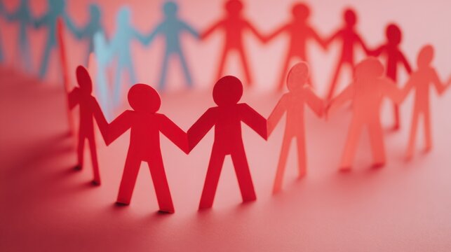 Group of paper cut-out people holding hands symbolizing unity and wage equity in a creative and artistic representation - Powered by Adobe