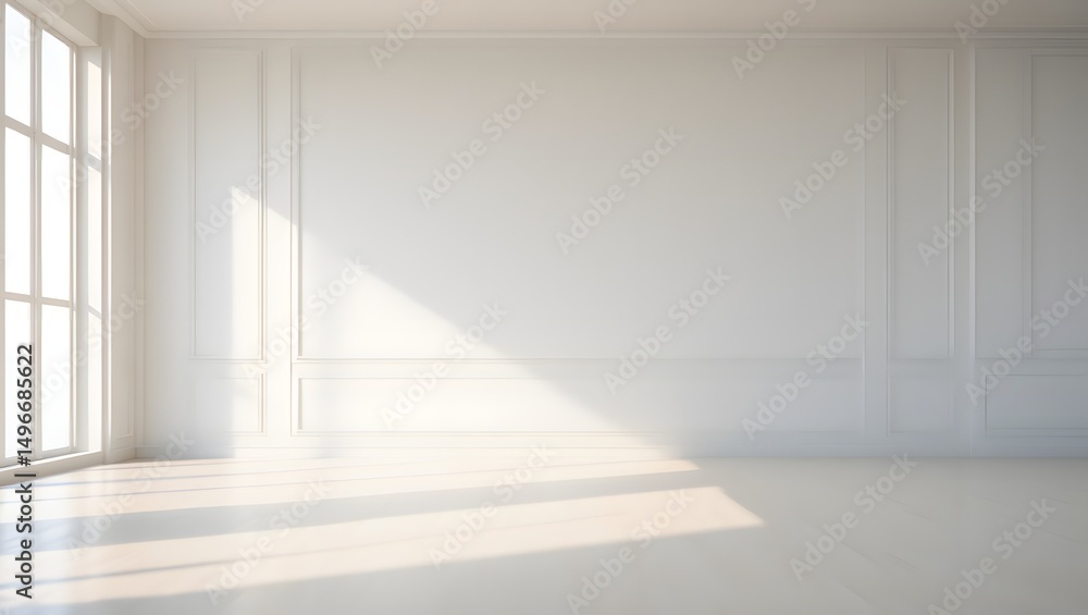 Poster a bright and empty room with sunlight streaming through a large window, casting shadows on the wall