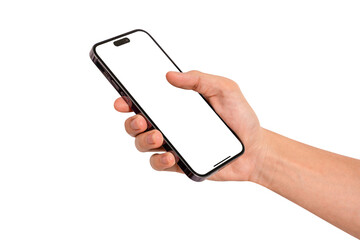 Hand using smartphone with blank screen isolated. Premium high quality studio shot. Concept for technology, business, finance and advertising.