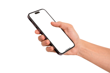 Hand using smartphone with blank screen isolated. Premium high quality studio shot. Concept for technology, business, finance and advertising.