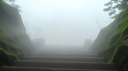 Misty stairs leading into a tranquil landscape