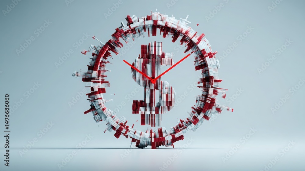 Poster unique clock design made of red and white squares indicating time management and financial system bo