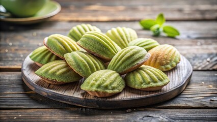 Matcha-flavored madeleines on a rustic wooden table, antique, pastel colors,  antique, pastel colors, dessert