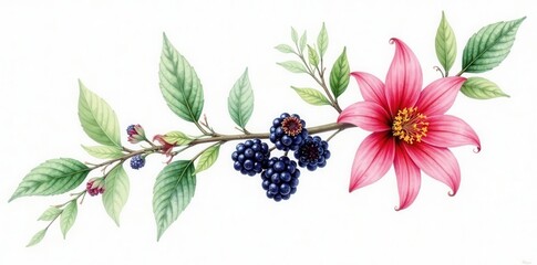 Delicate watercolor branch of blackberries & lily, white backdrop, close-up, stem