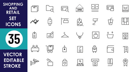 A minimalist vector icon set featuring 35 thin-line shopping and retail symbols, including carts, bags, tags, barcodes, storefronts, hangers, and security cameras