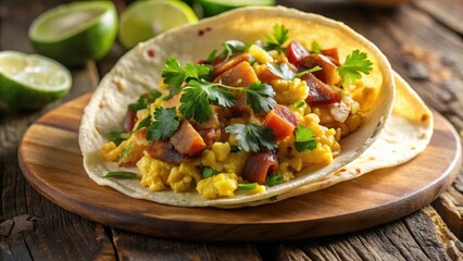 A breakfast taco with scrambled eggs, crispy bacon, and melted cheese on a warm tortilla plate
