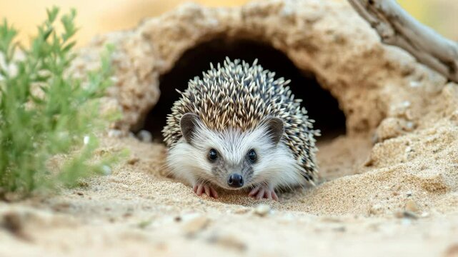Curious hedgehog emerging from burrow in desert landscape
