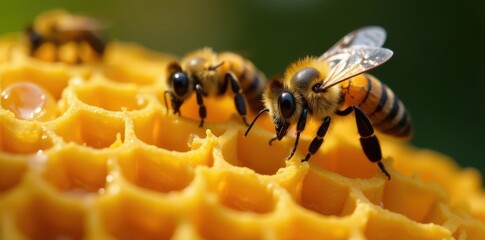 Honeybees working diligently on honeycombs, filling cells, detail, bee activity