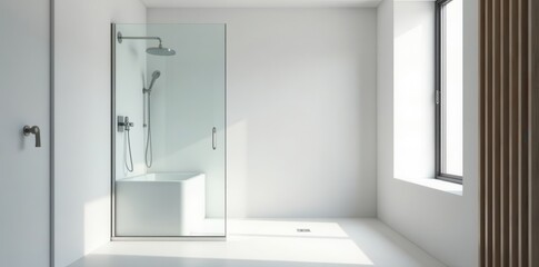 Sleek minimalist shower, chrome fixtures, white tiles, glass, geometric, rectangle
