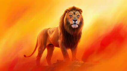 Obraz premium Majestic lion standing proudly against a vibrant sunset backdrop. The lion's mane is full and dark, contrasting beautifully with its amber coat.