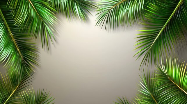 Tropical palm leaves frame, beige background, summer design, template