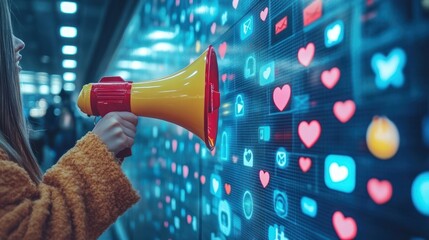 Amplifying online presence, woman with megaphone in front of digital social media wall