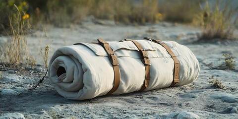 Fototapeta premium Rolled Canvas Sleeping Bag with Leather Straps in Outdoor Setting