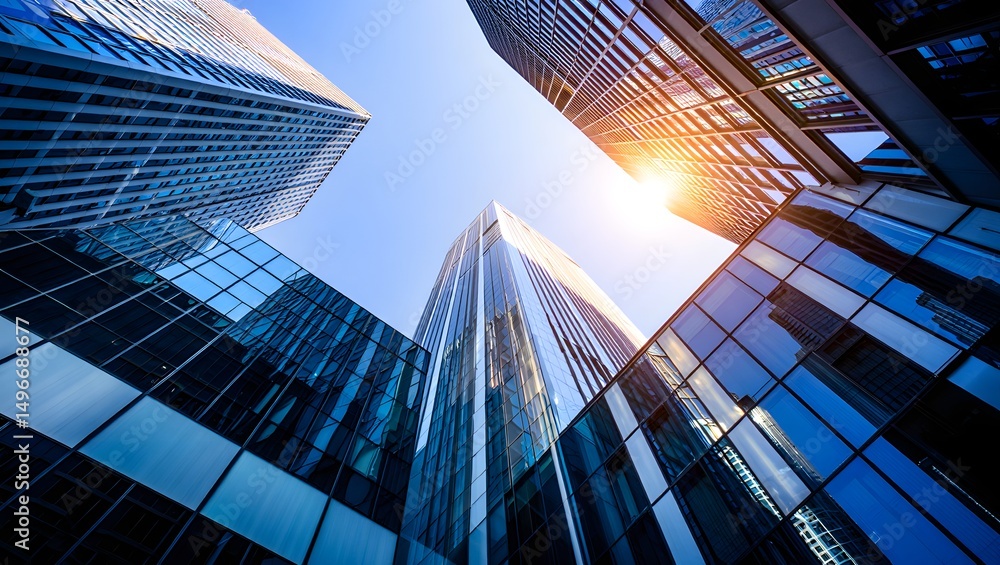 Poster skyward view of modern buildings and sky with bright sun reflecting off glass windows. capturing urb