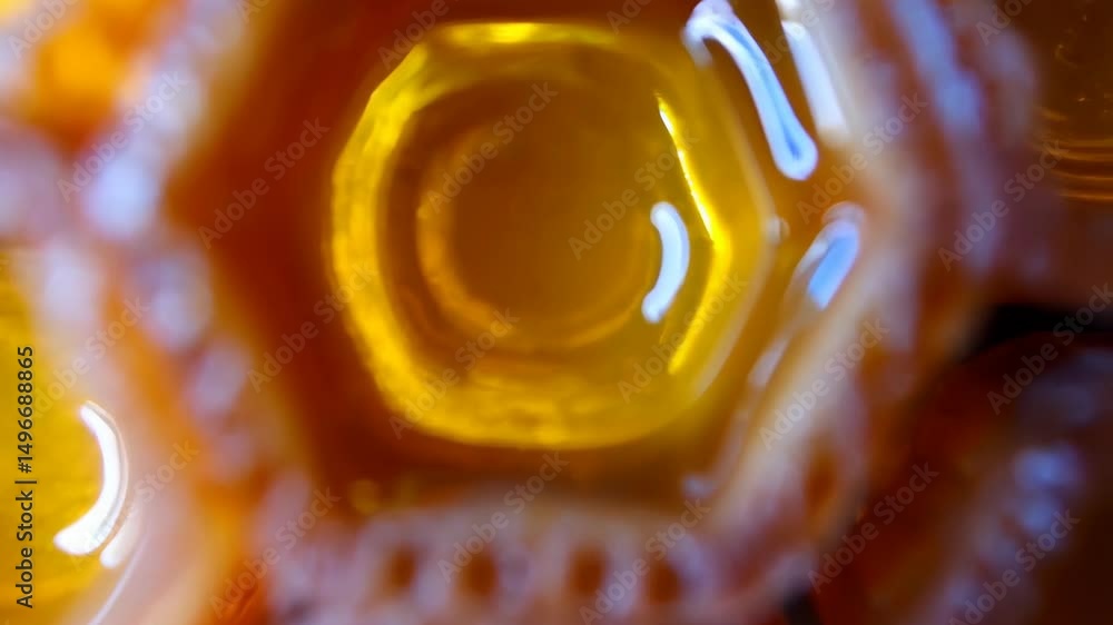 Poster Macro image of golden honey filled hexagonal honeycomb cells, showing details of liquid and cell structure