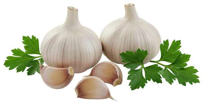 A rustic arrangement of two whole garlic bulbs, three individual cloves, and fresh parsley sprigs, presented on a clean white surface.