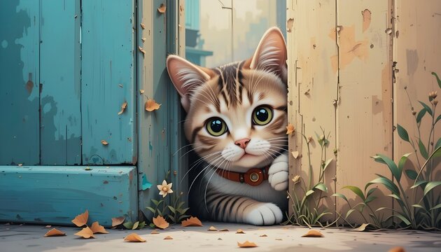Cute Cat Peeking Around the Corner &ndash; Charming Illustration 
