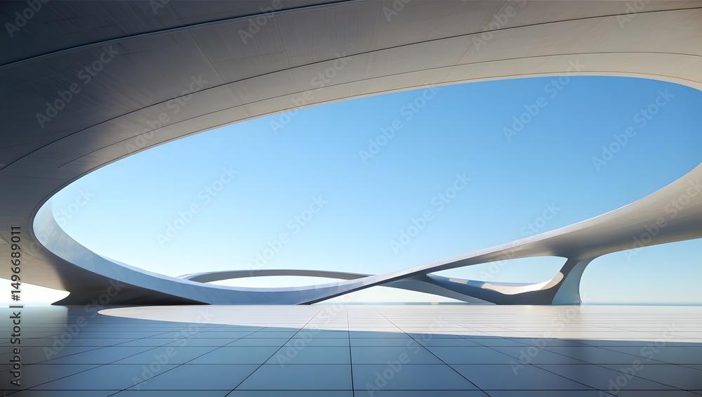 Poster modern architecture and open space in a beautiful blue sky setting. the building has unique shapes a