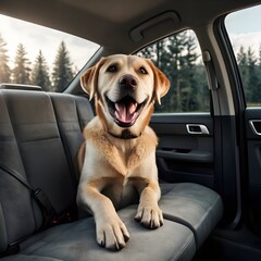 A happy Labrador Retriever leaning between the front seats of a car, tongue out, as if excited about the trip. Only the dog is visible. Bright lighting, travel mood,Generative Ai
