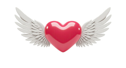 A charming Valentine's Day design element featuring a lovely pink heart adorned with delicate white wings, set against a pristine white backdrop.