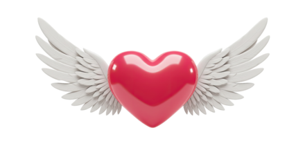 A charming Valentine's Day design element featuring a lovely pink heart adorned with delicate white wings, set against a pristine white backdrop.