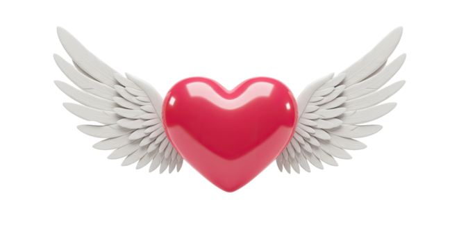 A charming Valentine's Day design element featuring a lovely pink heart adorned with delicate white wings, set against a pristine white backdrop.