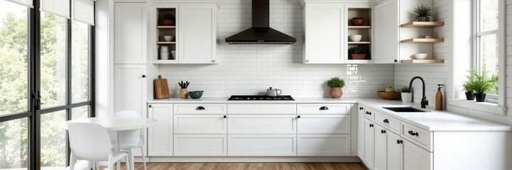 Bright white kitchen, black hardware, shiplap accents, marble countertops, hardware, lighting, marble