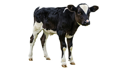 An adorable young black and white calf, standing gracefully and isolated on a transparent white...