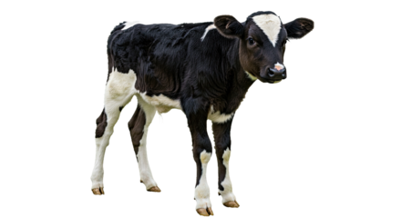 An adorable young black and white calf, standing gracefully and isolated on a transparent white background. Ideal for farm and animal themes.