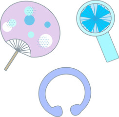 涼しく過ごすためのうちわ、ハンディファン、ネッククーラーのイラスト