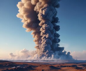 Immense smoke column against a vibrant blue sky, sweeping across a wide, flat terrain ,  bright,  catastrophe