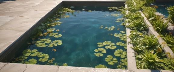Sunlit pool surface displays delicate footprint design with aquatic plants,  photography,  ecology