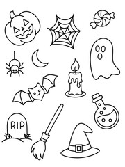 Obraz premium Hand-drawn sketch illustrations featuring spooky Halloween elements such as pumpkins, ghosts, bats, and witches. Ideal for party invitations, decorations, and seasonal crafts.