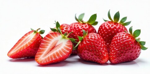 Juicy watercolor strawberries, whole & sliced Vibrant red hues , juice, healthy