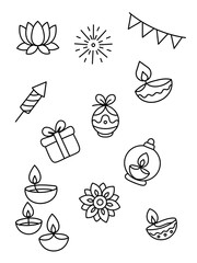 A collection of Diwali-themed hand-drawn sketches including lamps (diyas), rangoli patterns, fireworks, and traditional Indian elements. Great for festival decorations and greeting designs.