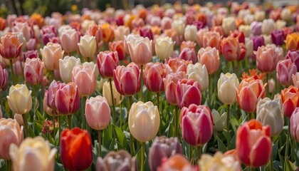 Colorful Variety of Tulips Blooming in a Garden Bed During Spring for Vibrant Floral Background