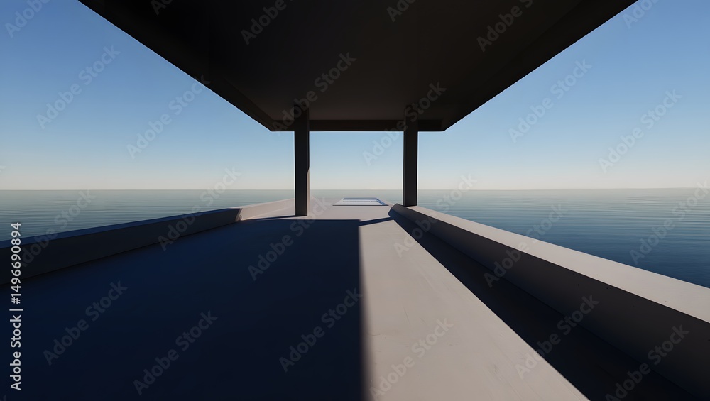 Poster a modern architectural structure stretches out towards the boundless ocean under a vast blue sky. cl
