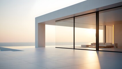 Obraz premium A modern minimalist residence, it emanates an aura of sophistication and comfort. The dwelling is designed with clean lines, and expansive glass panels offering a panoramic view of the vast ocean.