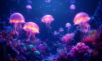 Fototapeta premium whimsical underwater world where glowing jellyfish float among colorful coral reefs and schools of fish, Generative AI